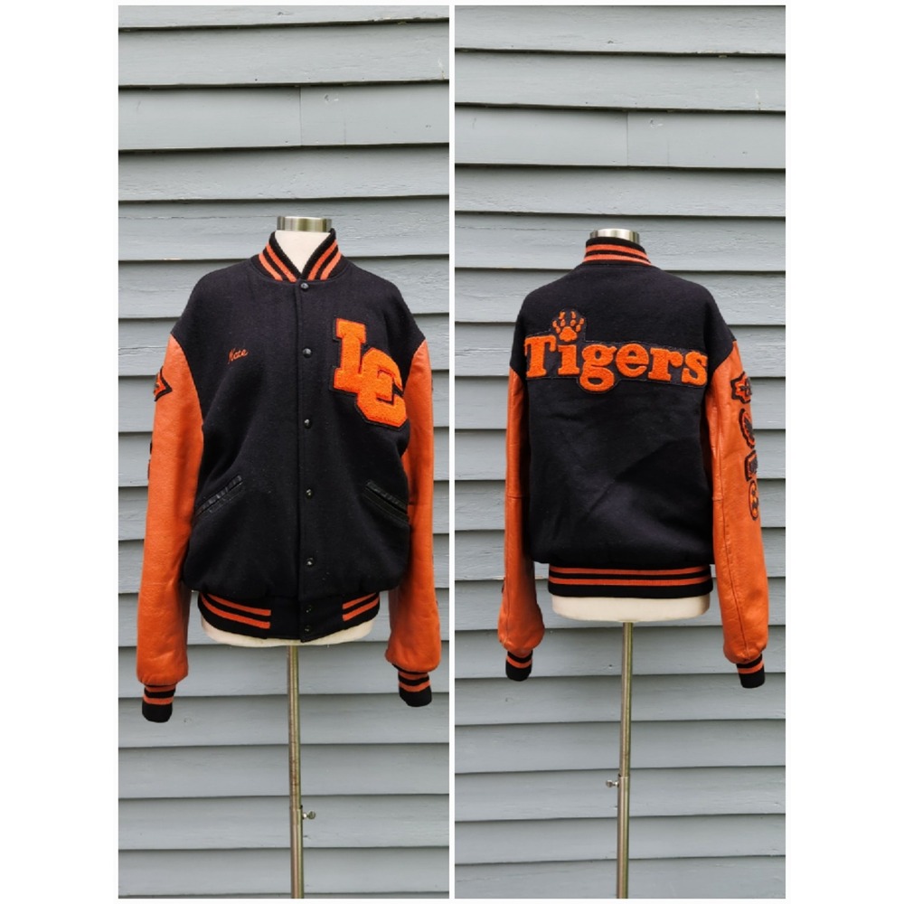 Meca Varsity‎ Jacket Black Orange Leather Wool Tigers Letterman Patches L